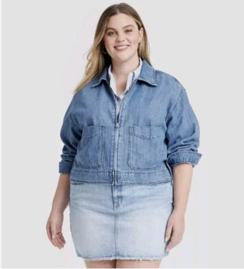 Cropped Denim Cargo Jacket Sz X-Small NWT Blue Medium Wash NWT
